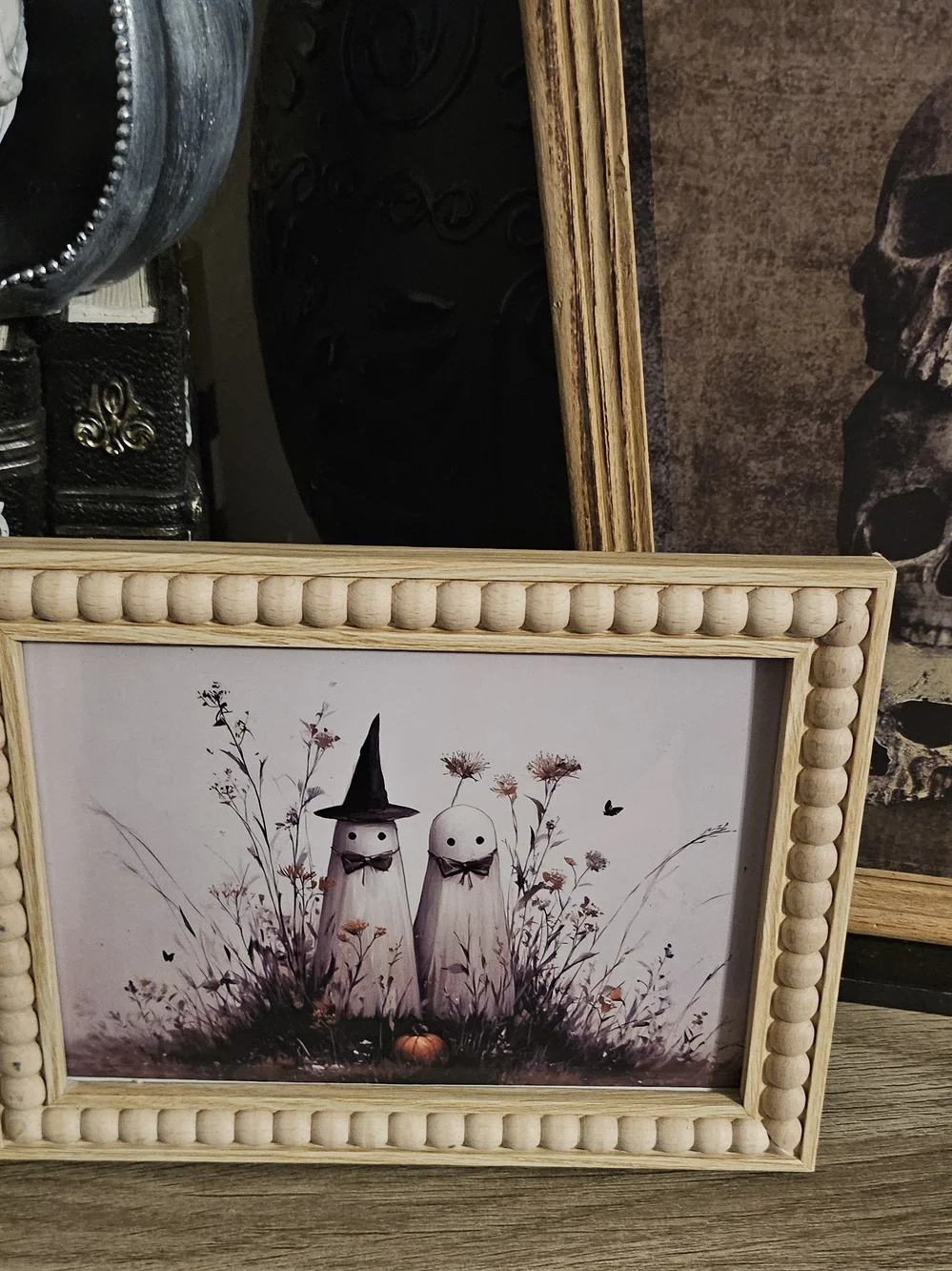 Natural Wood Beaded Picture Frame with Ghost Art - Neutral